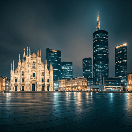 Panoramic cityscape of Milan, Italy, featuring the Duomo at dusk